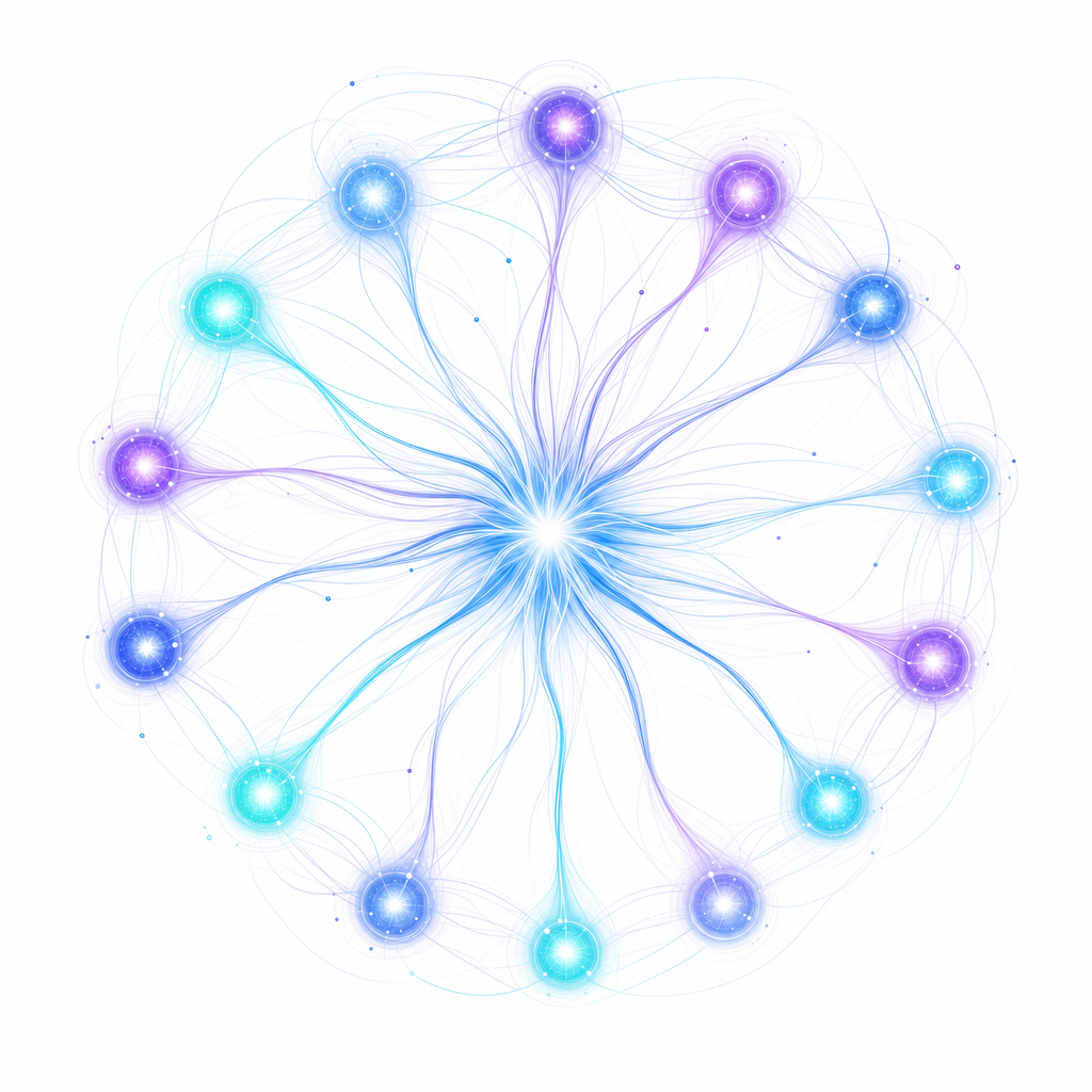 Editorial illustration: a multi-AI architecture with code mediating between specialty templates and the user, the VITALS engine pipeline visualized