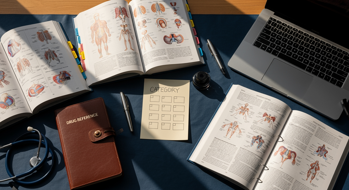 Editorial illustration of a clinician's reference bench: medical textbooks open to anatomical plates, a six-category index card, a modern laptop kept secondary to the printed references